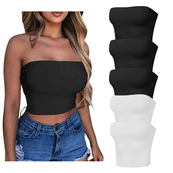 5 Pack Women's Sexy Crop Top Sleeveless Stretchy Solid Strapless Tube Tops Casual Tunics Short Shirts