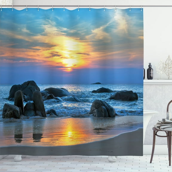 Ambesonne Sunset Shower Curtain, Sandy Peaceful Beach, 69"Wx70"L, Blue Yellow