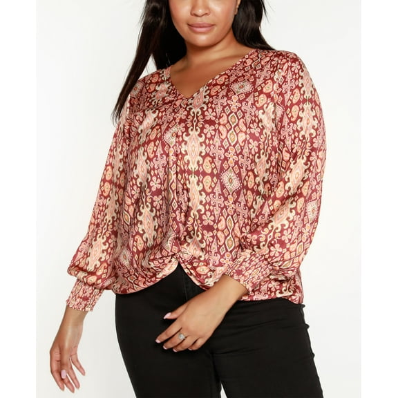 Belldini Black Label Plus Size Ikat Printed Long Sleeve Top Marsala Rose Combo 2X