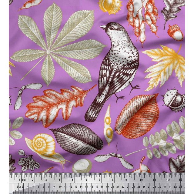 Soimoi Modal Satin Fabric Bird & Leaves Print Fabric by Yard 42 Inch Wide