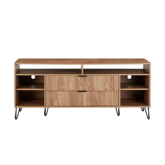 DUMBO 63" Mid-Century Modern TV Stand with 6 Shelves & 2 Drawers in Gold Brown