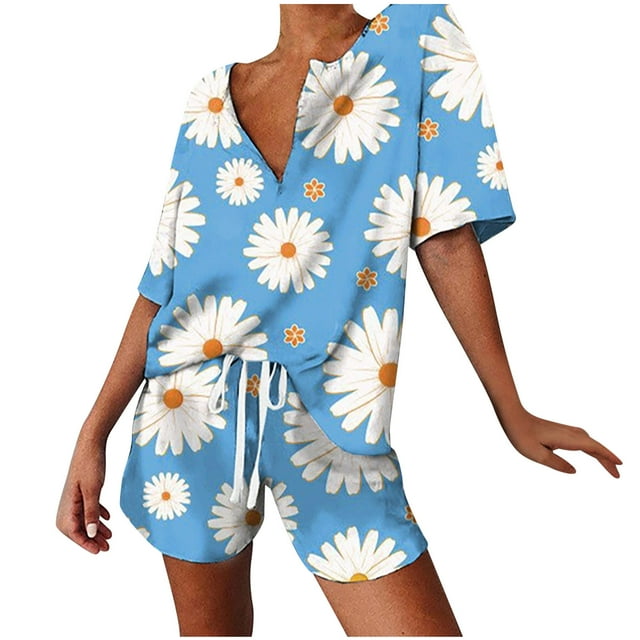 Cameland Women's Spring and Summer Loose Fitting Pajama Short Sleeved V-Neck Pajama Set Drawstring Shorts Set