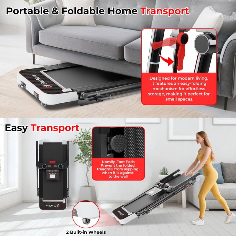 Foldable Treadmill for Home, Adjustable Handle Height Smart Treadmill with , Walking Pad Exercise Treadmill with 0.6-7.6 MPH Speed, 240lb Capacity, White