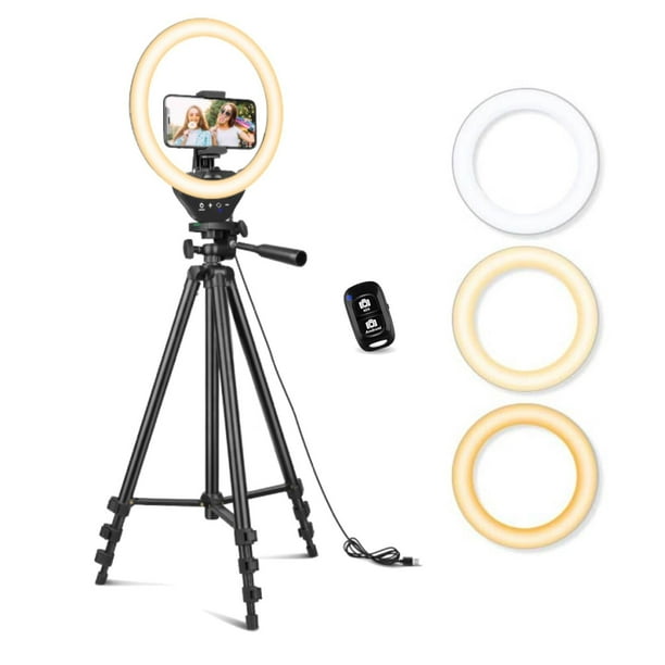 Sensyne Anillo de luz de 10 pulgadas con trípode extensible de 50 pulgadas, luces circulares LED con soporte para teléfono para transmisión en vivo/maquillaje/vídeo de YouTube/TikTok, compatible con t