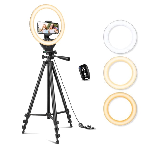 Sensyne Anillo de luz de 10 pulgadas con trípode extensible de 50 pulgadas, luces circulares LED con soporte para teléfono para transmisión en vivo/maquillaje/vídeo de YouTube/TikTok, compatible con t