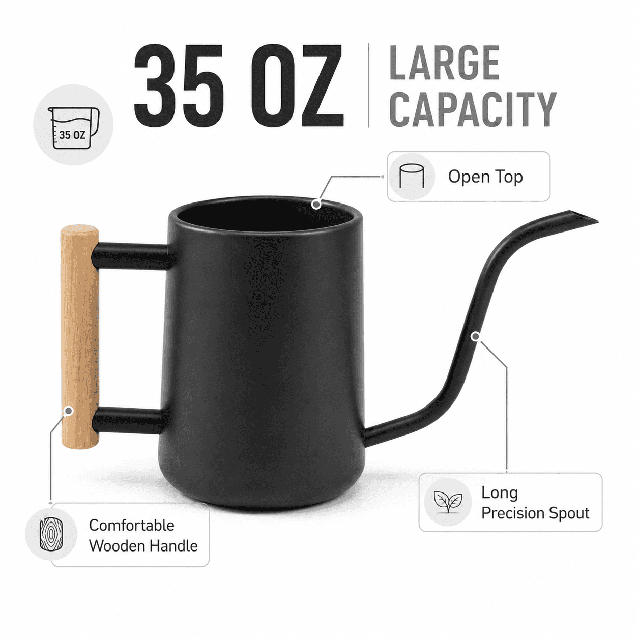 Watering Can for Indoor Plants Metal Stainless Steel Pot with Long Spout for House Plants Bonsai Outdoor Garden Flower Decorative 35 oz Black