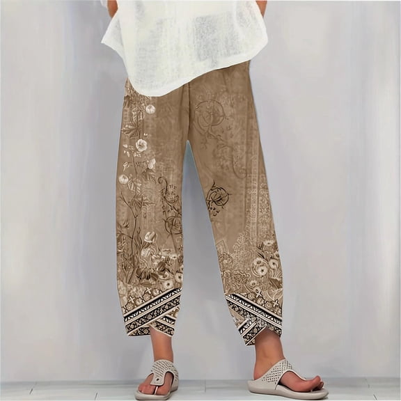 ITSAME Womens Plus Size Wide Leg Pants Elastic Waist Floral Print Lightweight Ladies Loose Casual Pants Khaki Size XL