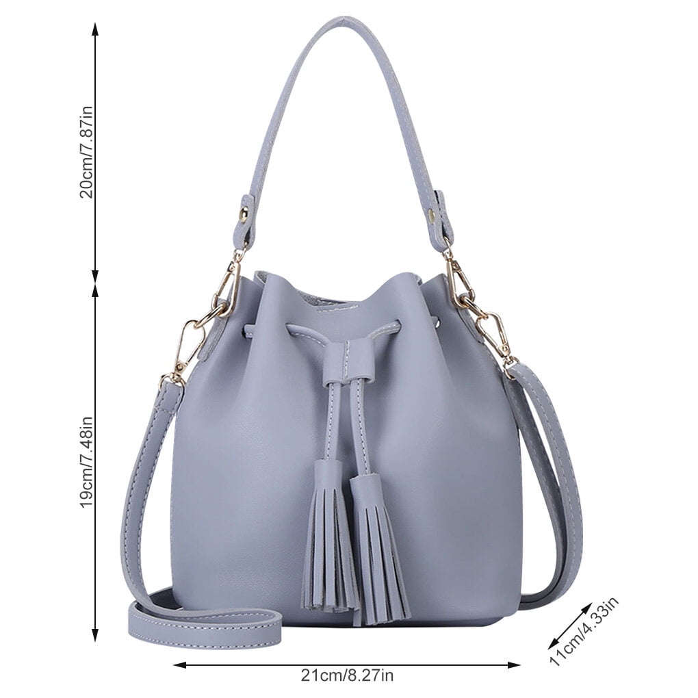 Bucket Bag Faux Leather Tassel Drawstring Bucket Bag Faux Drawstring Crossbody Pouch Women Solid Color Shoulder Bag Handbag Gray