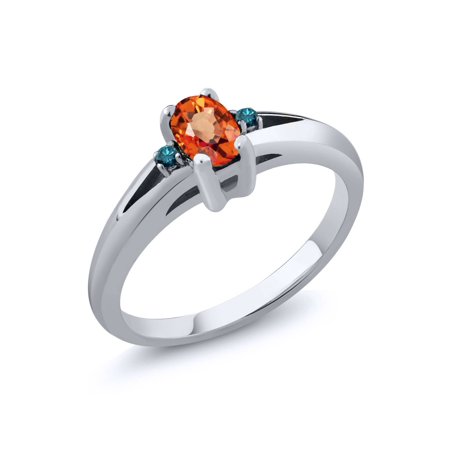 Orange Sapphire Diamond Anniversary Ring - 0.58 Ct Oval Orange Sapphire Blue Diamond 925 Sterling Silver Ring