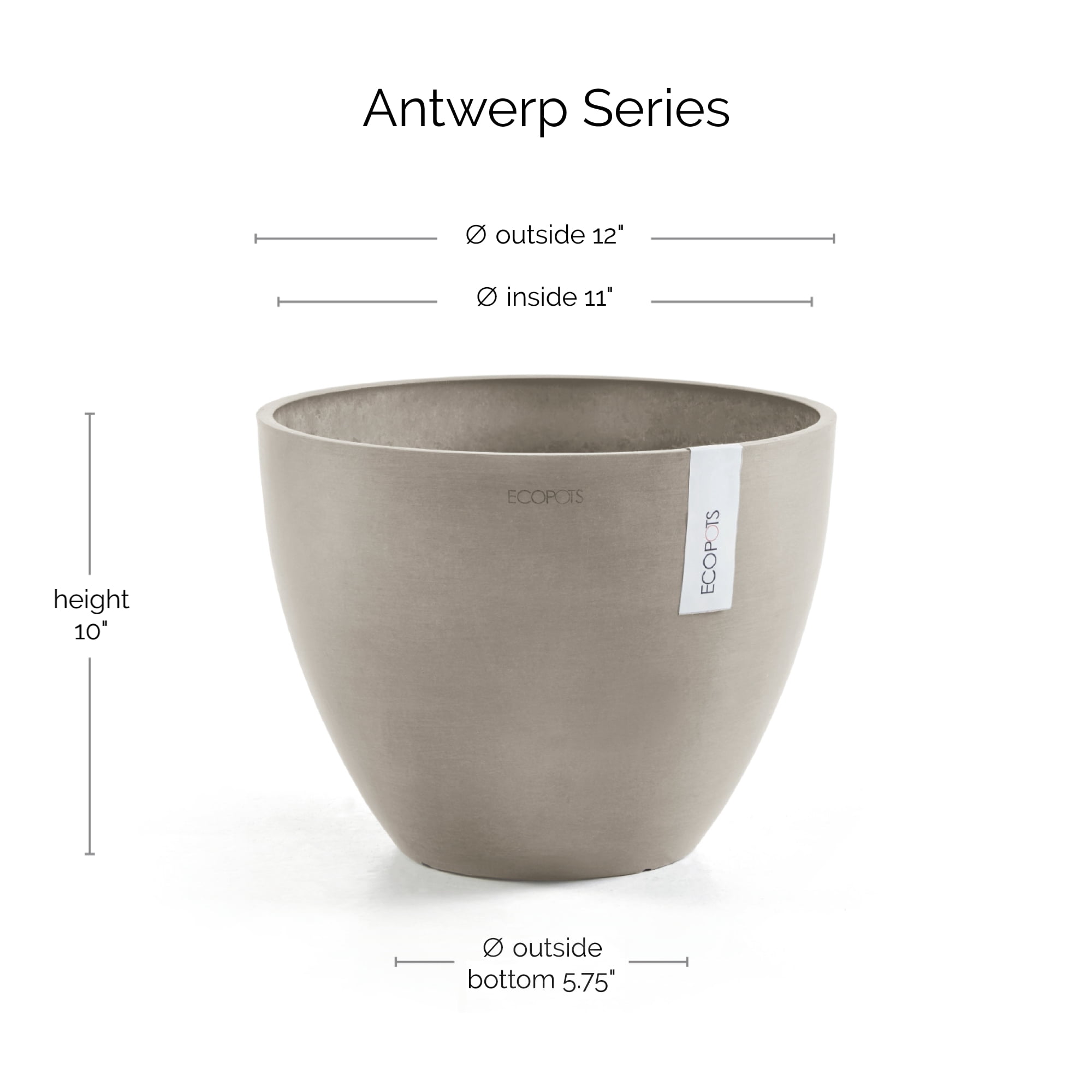 Ecopots Antwerp Durable Modern Round Indoor/Outdoor Recycled Based Composite Flower Pot Planter, Taupe, 12"