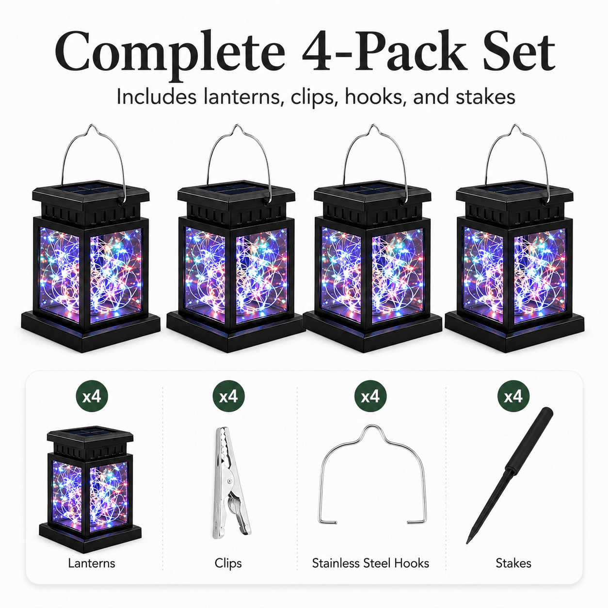 MEHOOM 4 Pack Outdoor Solar Lanterns Colorful, 40 LED Fairy Lights Hanging Decorative Garden Lights, Waterproof Solar Powered Lights for Patio, Yard, Balcony, Christmas Decorations Outdoor