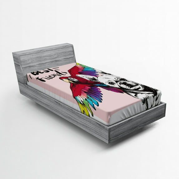 Ambesonne Modern Fitted Sheet, Bulldog Parrot Friends, Twin Size, Multicolor