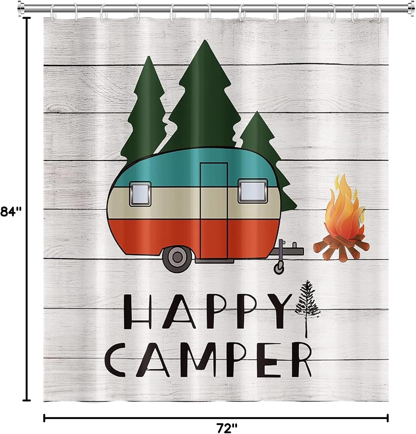 72x84inch Happy Camper Shower Curtain Cartoon Camper Trailer Bonfire Outdoor Adventure Theme Bath Curtain for Bathroom Decor Beige Wood Board Waterproof Fabric Bathroom Set Hooks Included