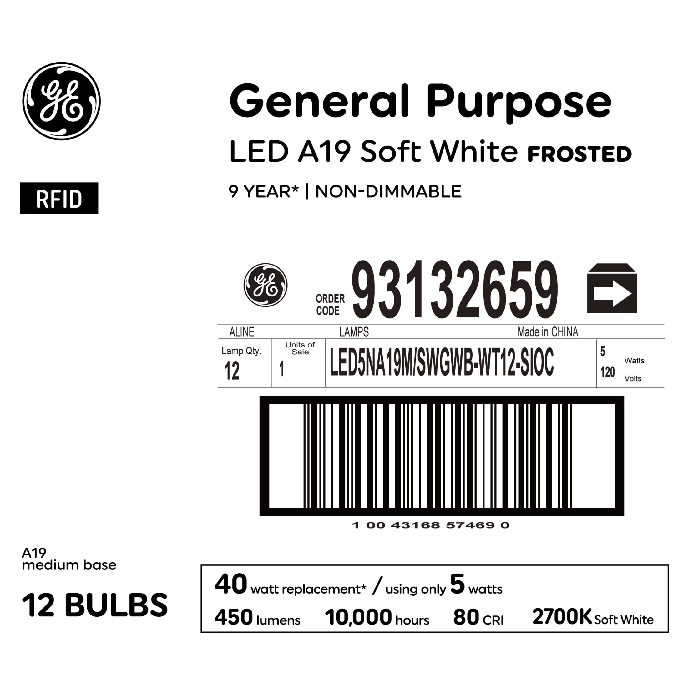 GE General Purpose LED 40 Watt Replacement, Soft White, A19 Frosted Bulbs (12 Pack)