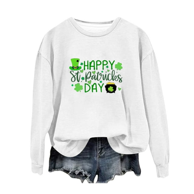 Fadeal Chandail en Molleton pour Femmes St Patricks Printemps Col Rond Imprimé Lettre St. Day Ample Décontracté Chandail à Capuchon St Patricks Day Chemise Femmes Blanc L