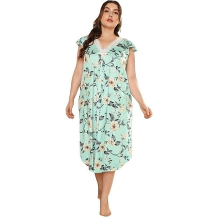 

Fantadool Womens Floral Nightgown Plus Size Sleepshirt Deep V Lace Neck Sleepwear Loose Sleep Dress Ruffled Sleeve Nightdress Loungewear