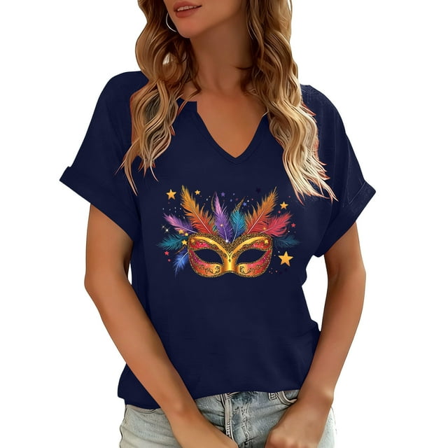 Xuyuer Mardi Gras V-Neck T-Shirt for Women Hearts Beads Carnival Tuesday Parade Loose Top short Sleeve Casual Tee Tshirts S-2XL Pattern T-Shirt - Casual Short-Sleeved Retro
