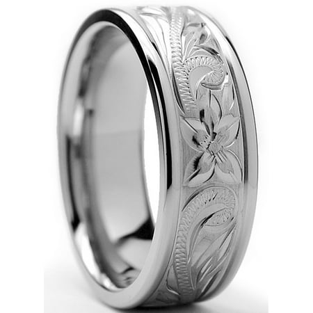 Men's 8MM Titanium Ring Wedding Band With Engraved Floral Design Sizes 7 to