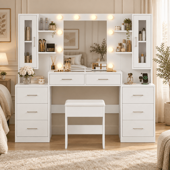 59'' W Large Vanity Desk with Mirror & Power Outlet, Makeup Vanity Table with 8 Drawers, 4 Shelves, Vanity Desk Set for Bedroom,Bathroom,White