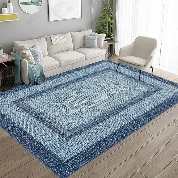 3x5 Area Rug Living Room Washable Low Pile Modern Braided Print Blue