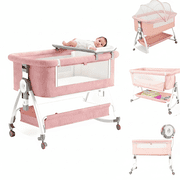 HDUTNGISN 4-in-1 Pink Rocking Bassinet with Musical Toys, Storage Basket & Wheels Adjustable Bedside Rest for Newborns