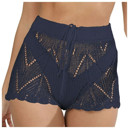 alcepopk Women s Crochet Cover Up Shorts Hollow Out High Waist Knit Bathing Suit Bikini Swimsuit(Navy XL)