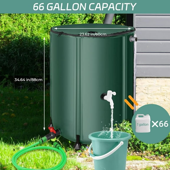 Rain with Filter, Spigots & Overflow Kit - 66 Gallon Green Water Storage for Rainwater