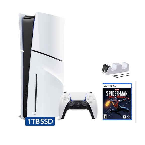 PlayStation 5 Slim Disc Edition Bundle with Spider-Man: Miles Morales and C-Gamers Dual-Controller Charger - PS5, White