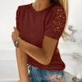 thumbnail image 1 of Femmes Tops Femmes Tops d'Été 2023 Femmes Solides Manches Courtes Col Rond Pull-Overs Dentelle Chemises Blouse Vin XXXL, 1 of 5