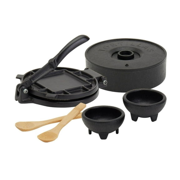 INFUSE 6 Piece Tortilla Set with Pre-Seasoned Cast Iron Tortilla Press, Tortilla Warmer, Bowls & Spoons, Black