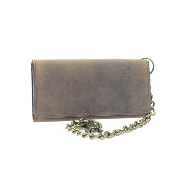 MLC RFID SIGNAL BLOCKING BROWN CRAZY HORSE LONG TRIFOLD TRUCKER CHAIN WALLET WITH 16 CC SLOTS & ZIP PKT