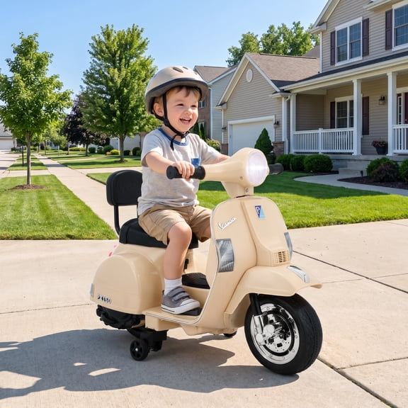 LAZY BUDDY Licensed Vespa Ride on Scooter, 6V Electric Motorcycle for Kids with Training Wheels, LED Headlight, Ride on Toy Gift for 3