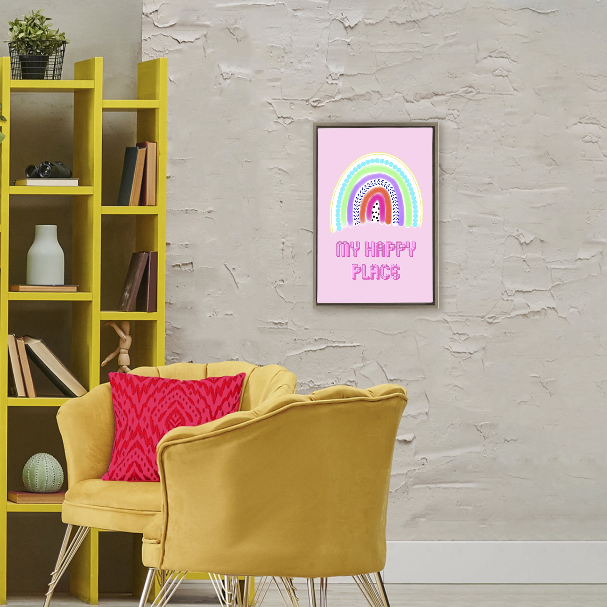 Stupell Industries Happy Place Dotted Rainbow Brown Framed Floater Canvas Wall Art, design by Pooja Dave