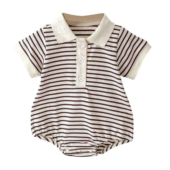 Zwiiyzr 0-10M Unisex Button Down Bubble Romper Boy Girl Baby Clothes Infant Summer Newborn Baby Striped Short Sleeve Jumpsuit Coffee