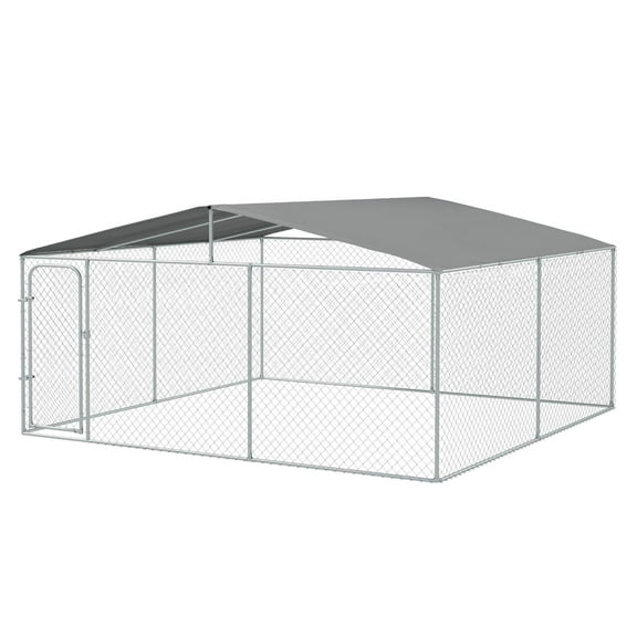 Outdoor Dog Kennel - 15' x 15' Galvanized Steel Dog Fence with Cover - Secure Lock & Mesh Sidewalls for Large Dogs - Backyard Pet Enclosure