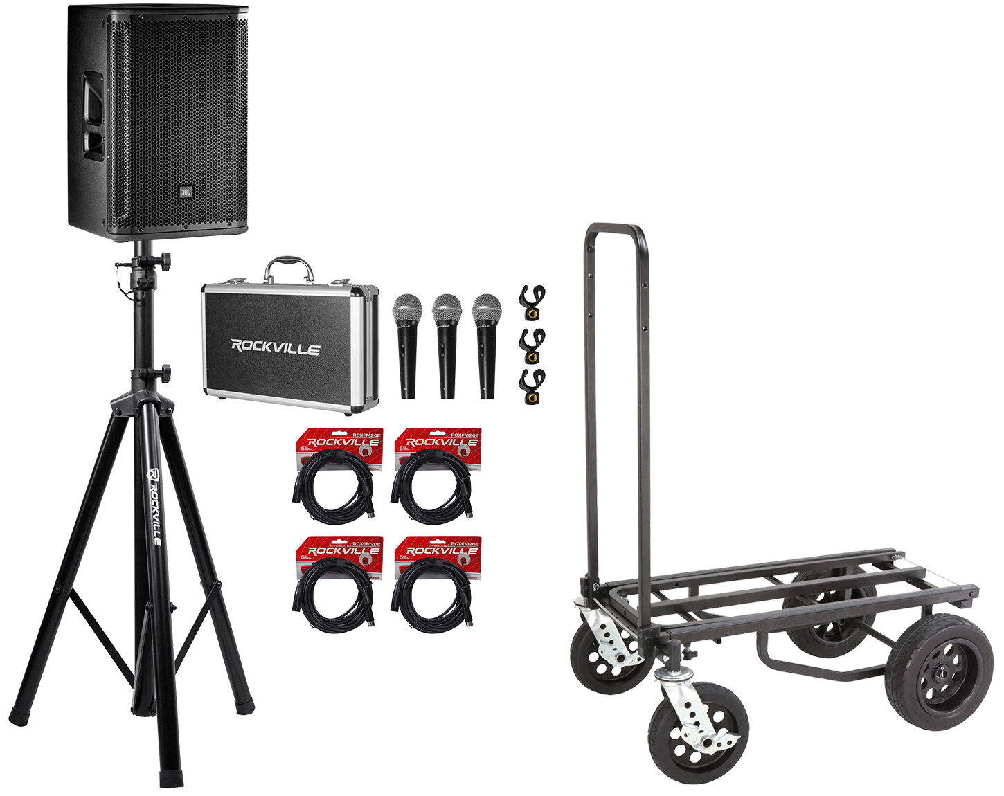 JBL SRX812P 12" 2000w Powered DJ PA Speaker+Stand+Rolling Cart+(3) Mics