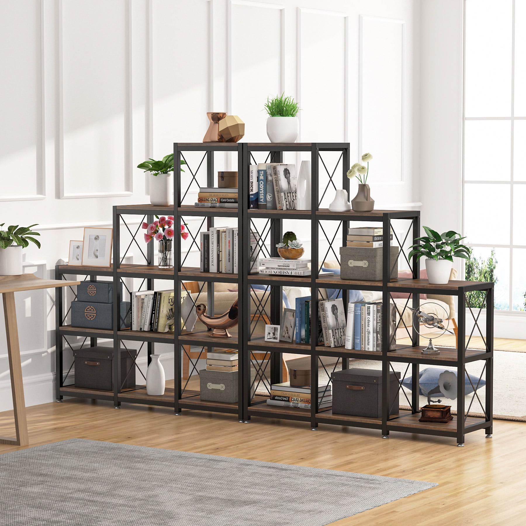 Tribesigns Industrial 5-Tier Ladder Bookshelf - 12-Shelf Rustic Brown Bookcase with 9 Cubes, Corner Display Storage for Home/Office