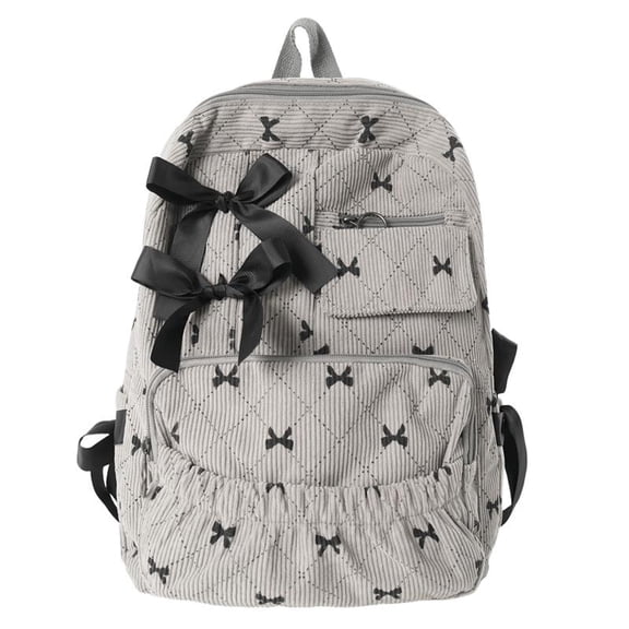 Corduroy Bow Printed Backpacks Cute Laptop Backpack For Women (Grey)