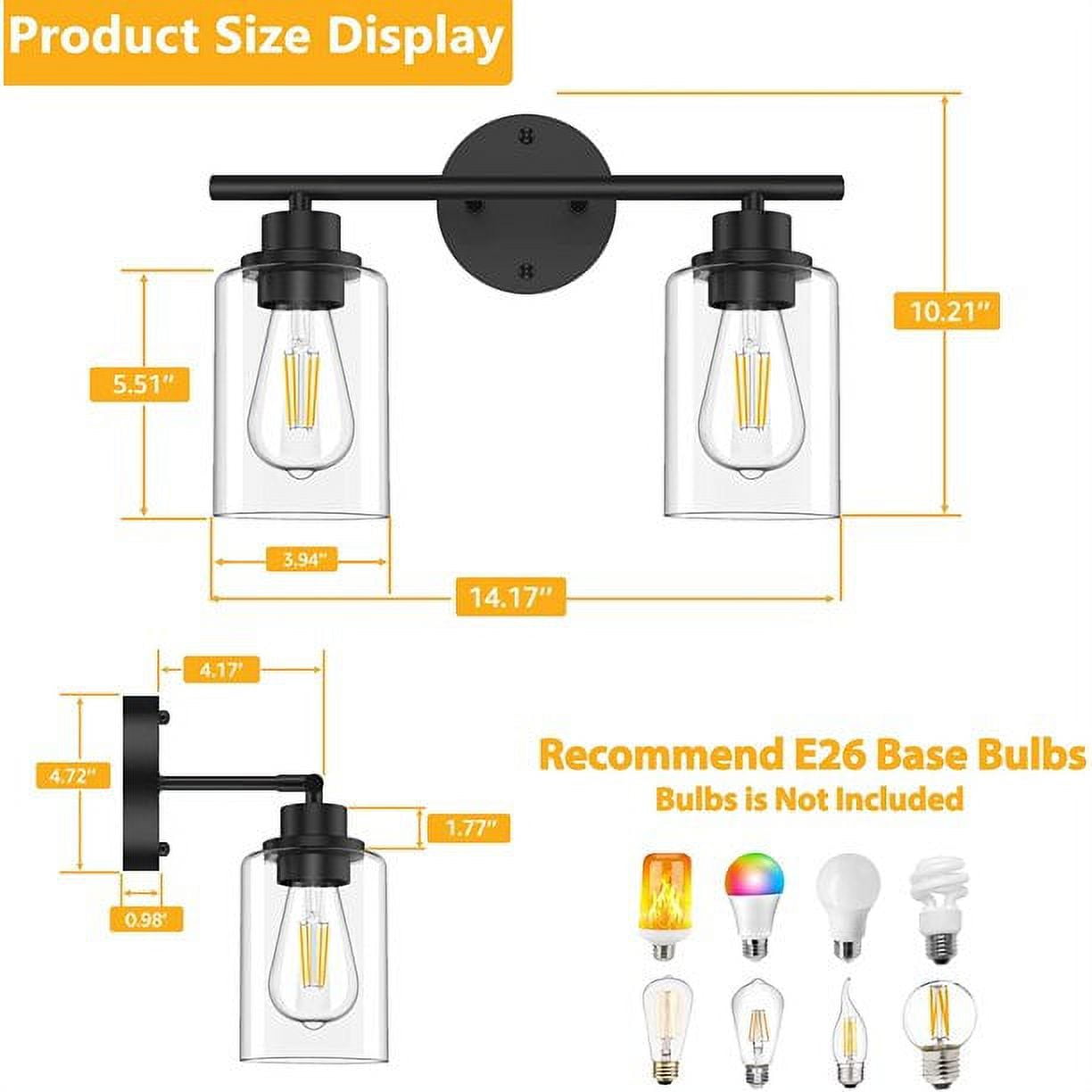 Bathroom Light Fixtures 2 Light Matte Black Vanity Light, Vintage Wall Sconces Lighting Modern Bath Wall Mounted Lights with Glass