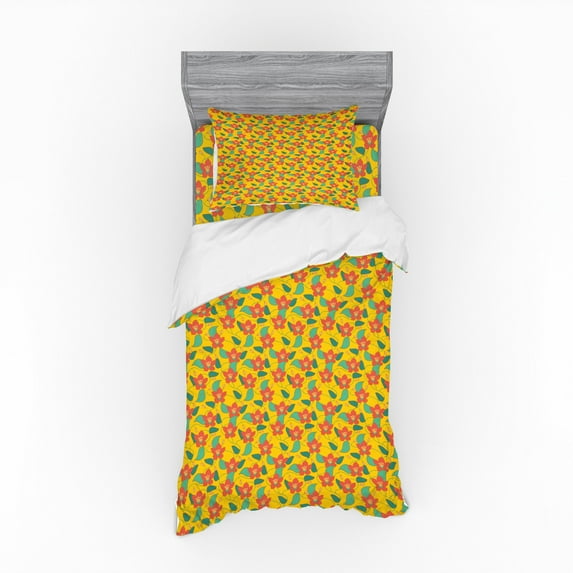 Floral Duvet Cover Set, Flowering Meadow Retro Cottage Cabin Yard Pattern Countryside Theme, Bedding Set with Shams and Fitted Sheet, 3 Sizes, by Ambesonne