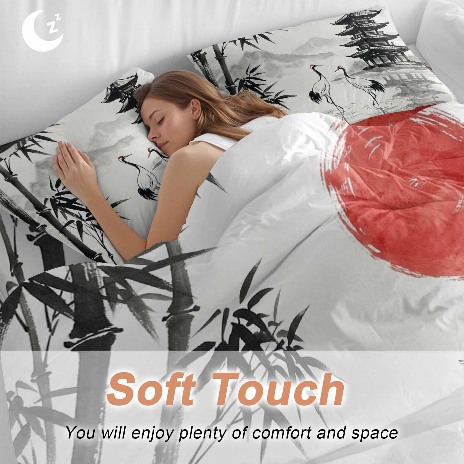 White Crane Duvet Cover Set Queen Size, Ink Wash Gray Black Bamboos Trees Japanese Pagoda Red Sun 4 Piece Microfiber Bedding Set with Zipper Closure, 1 Comforter Cover, 1 Flat Sheet, 2 Pillowcases