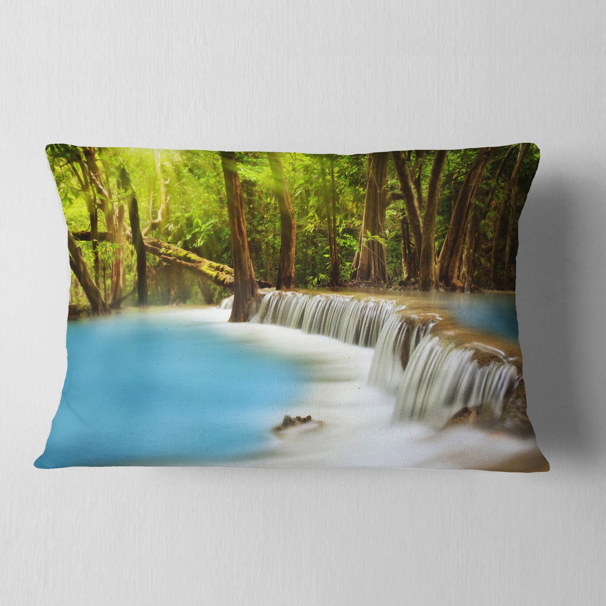 Designart Clam Huai Mae Kamin Waterfall - Landscape Printed Throw Pillow - 12x20