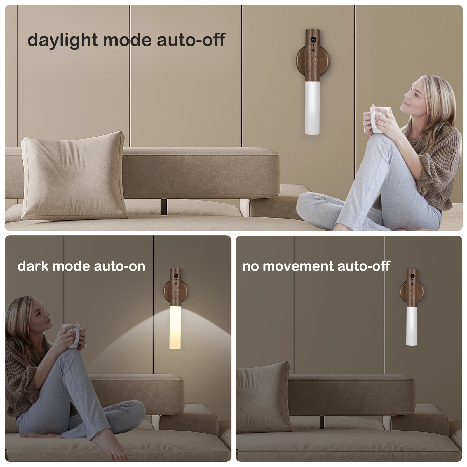 2PCS Motion Sensor Night Lights – Wooden Wall Sconce with 3 Adjustable Brightness Modes, Rechargeable Magnetic Motion Sensor Lights, Perfect for Indoor Use, Hallways, Entryways, and Corridors