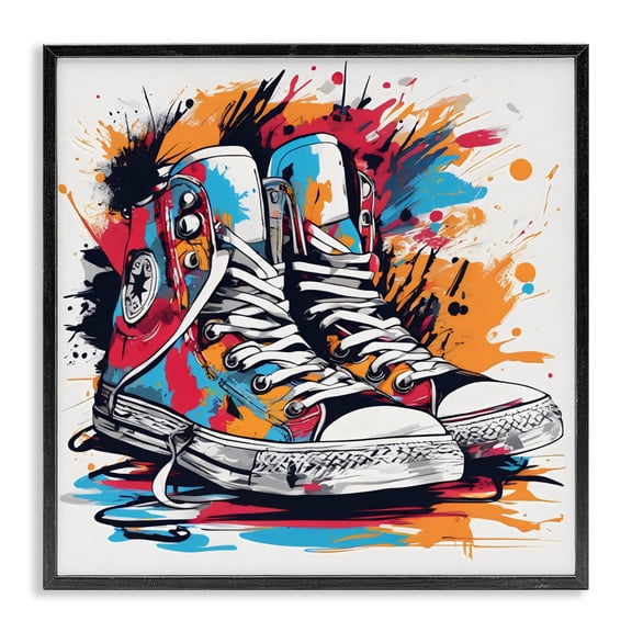 Stupell Industries Contemporary Colorful Sneakers Graffiti Splash Black Framed Giclee Art, 12 x 12, by Creative Studio