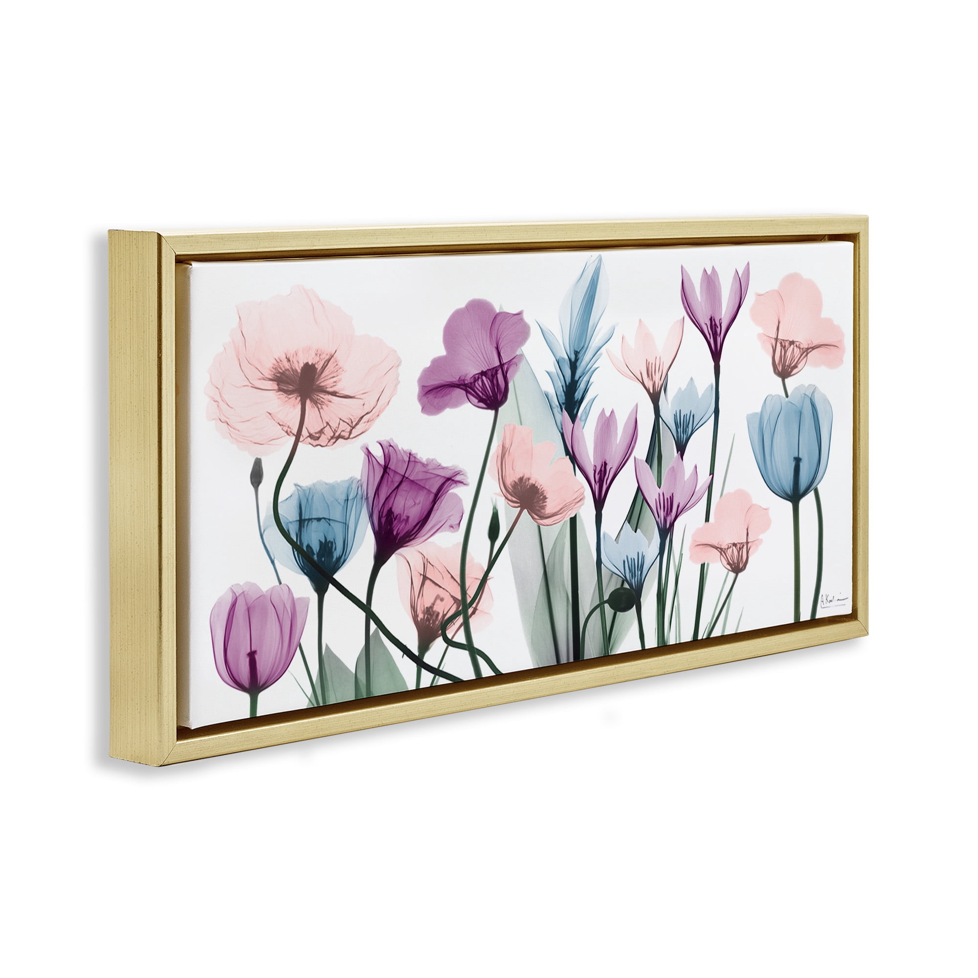 Stupell Industries Modern Translucent Pastel Tulips Botanical & Floral Painting Gold Floater Framed Canvas Art Print Wall Art, 25 x 11