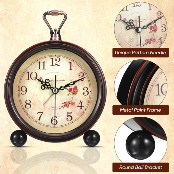 UPOUART Vintage Table Clock Silent Metal Decorative Timekeeping 1Set