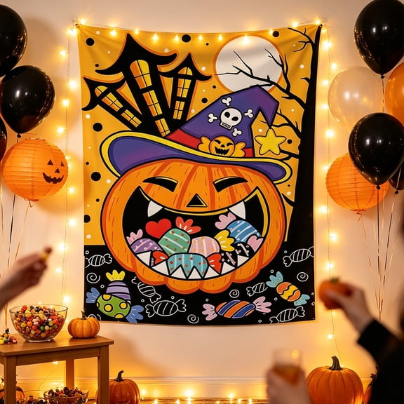 Thanksgiving Halloween Decoration for Home Indoor Outdoor Clearance Under $15.00! Halloween Pumpkin Candy Tapestry Wall Hanging Fabric Decor Backdrops For Living Room Bedroom Dorm Party Photo Booths