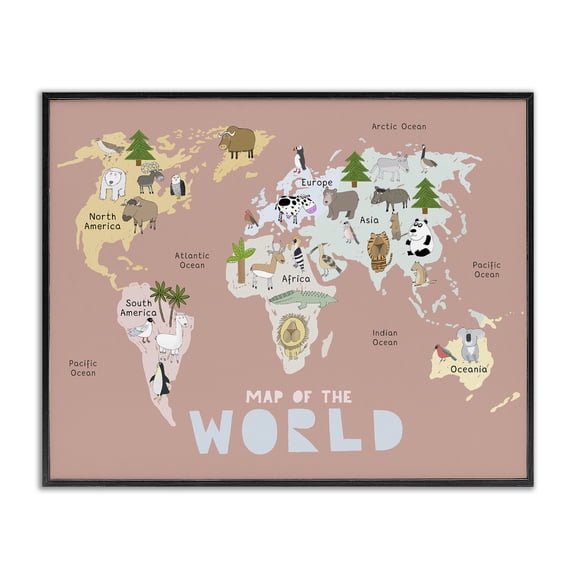 Kid's Map Of World Pink Black Framed Giclee Art, design by Carla Daly