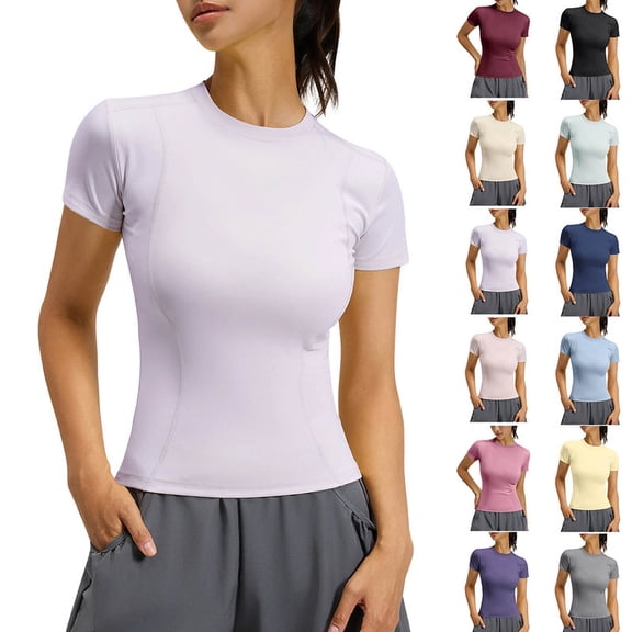 Smsaxvxz Womens Summer Yoga Sport Tops Fashion Round Neck Short Sleeve Casual Elastic Slim Shirts 2026 Summer Clothes Pink S