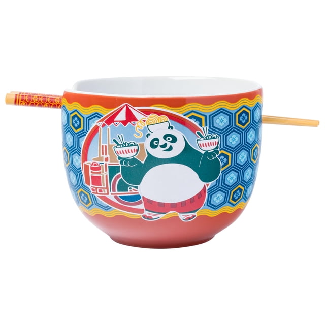 Silver Buffalo Kung Fu Panda con palillos y cuchara, tazón de arroz de cerámica para fideos ramen con palillos y cuchara, apto para microondas, 20 onzas